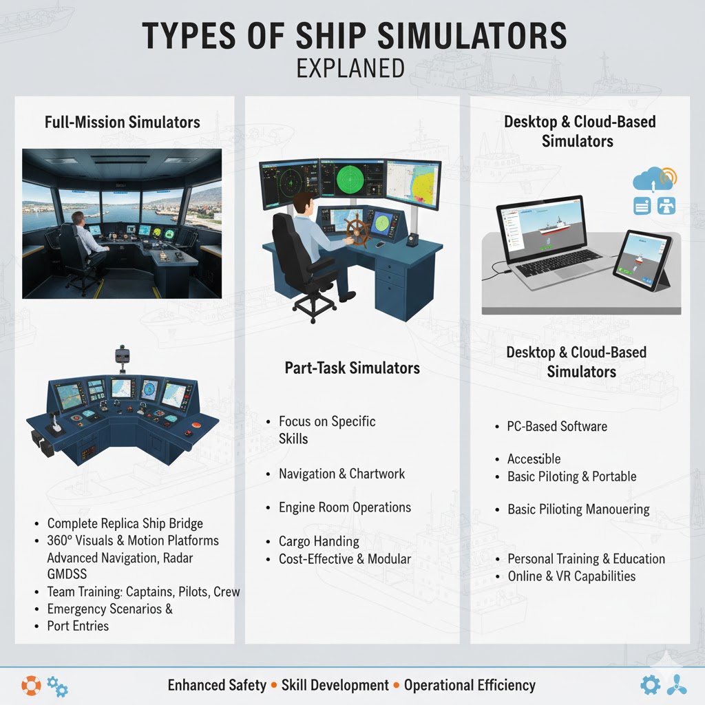 Types of Ship Simulators Explained: Bridge, Engine Room, Tanker, DP, VTS, and Integrated Maritime Training Systems