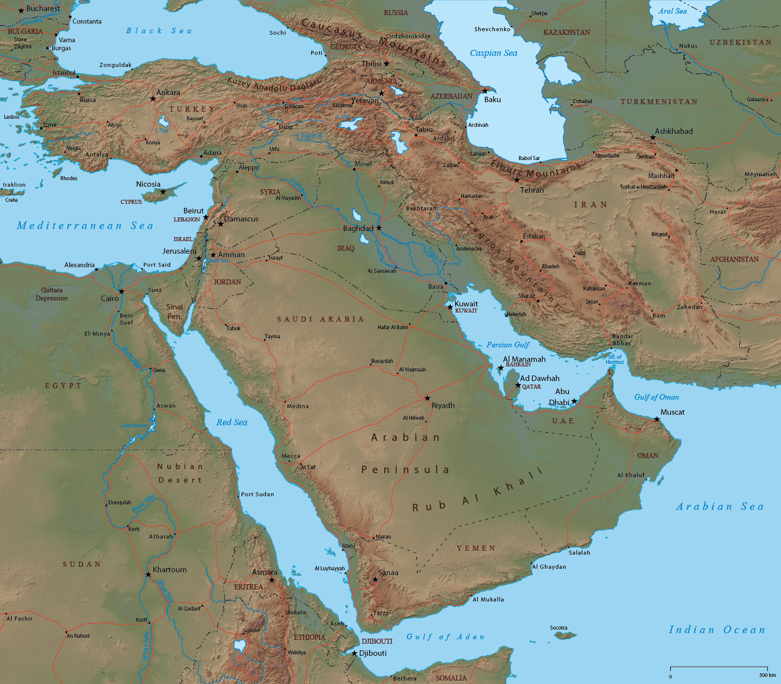 Map: Persian Gulf, Caspian Sea, and Surrounding Regions